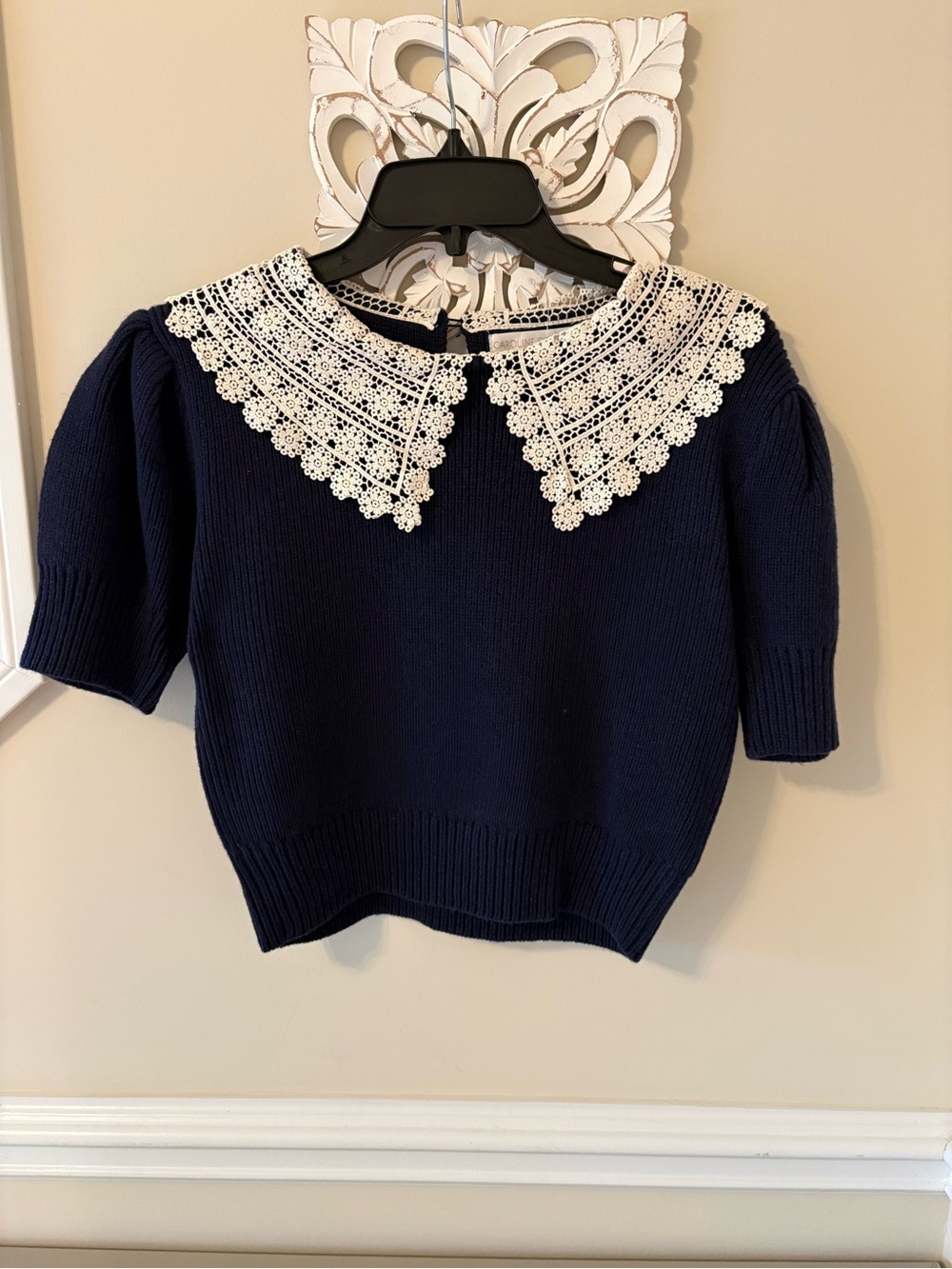 Caroline Constas Navy Knit Sweater with White Crochet Collar